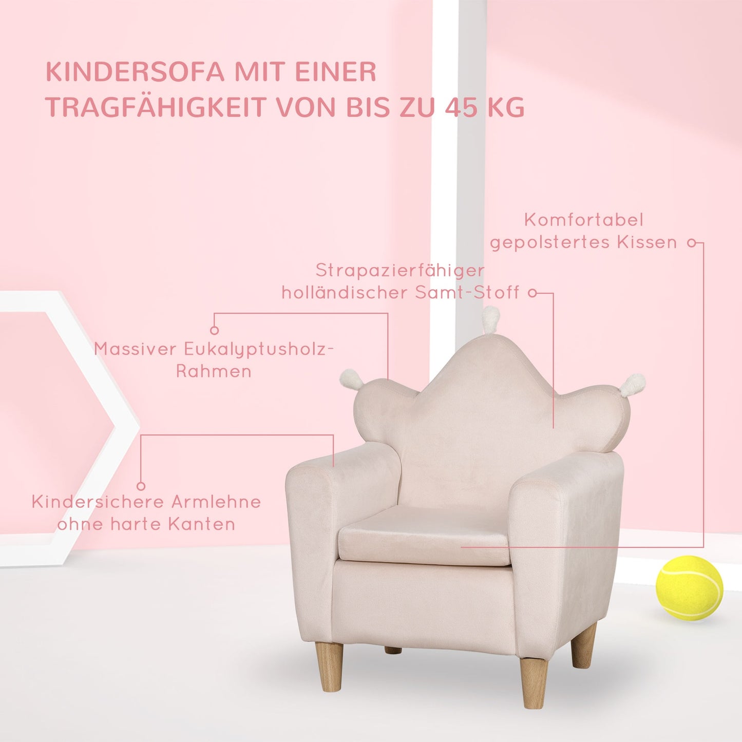 Light pink children's sofa, comfortable armchair 50x42x58cm