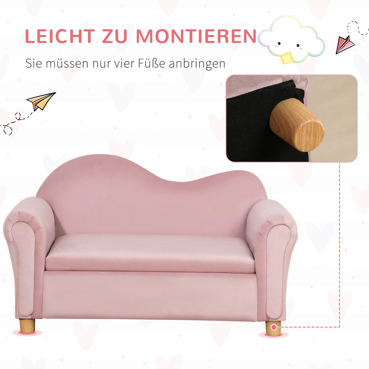 Pink fleece sofa for children with storage, 2-seater, 3-5 years