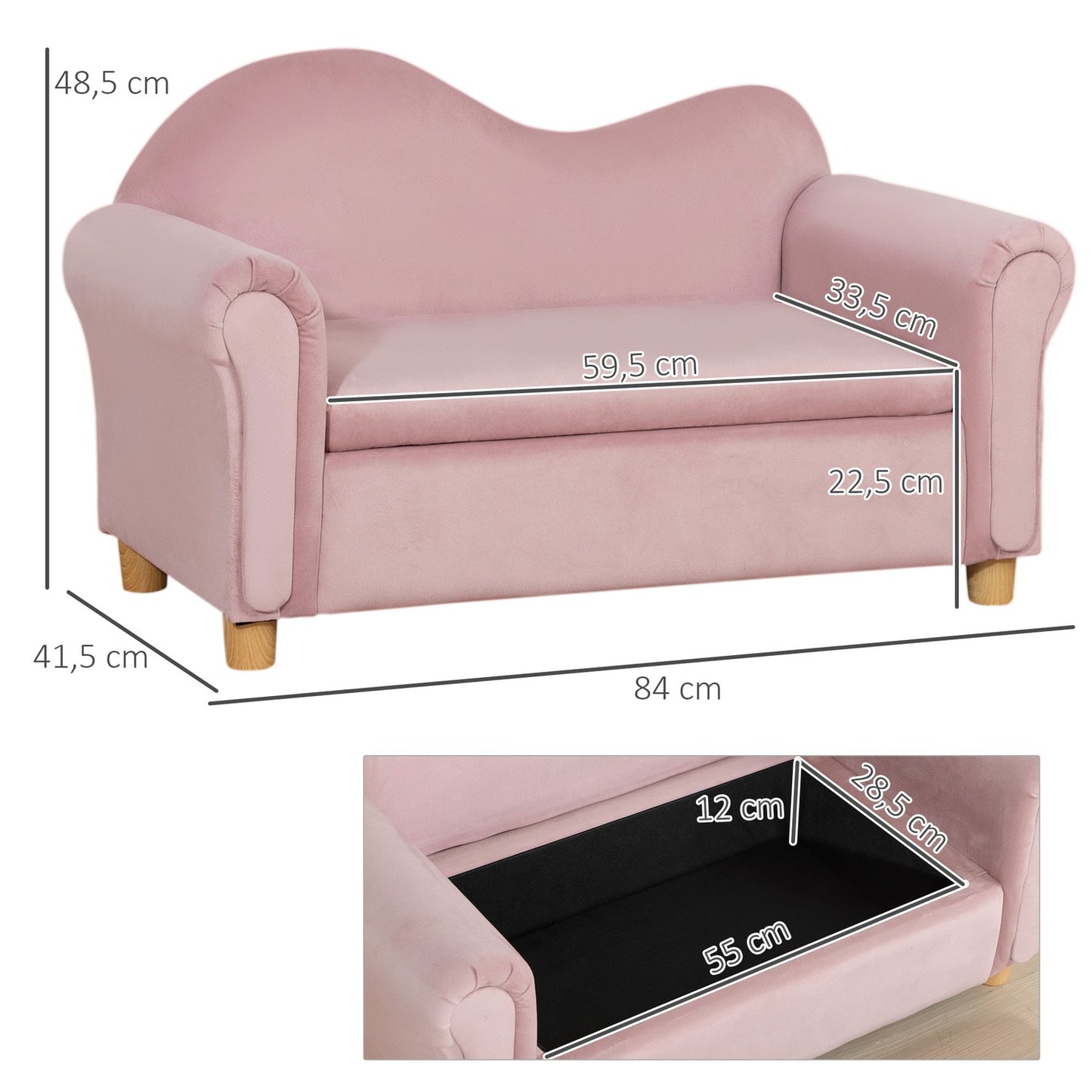 Pink fleece sofa for children with storage, 2-seater, 3-5 years