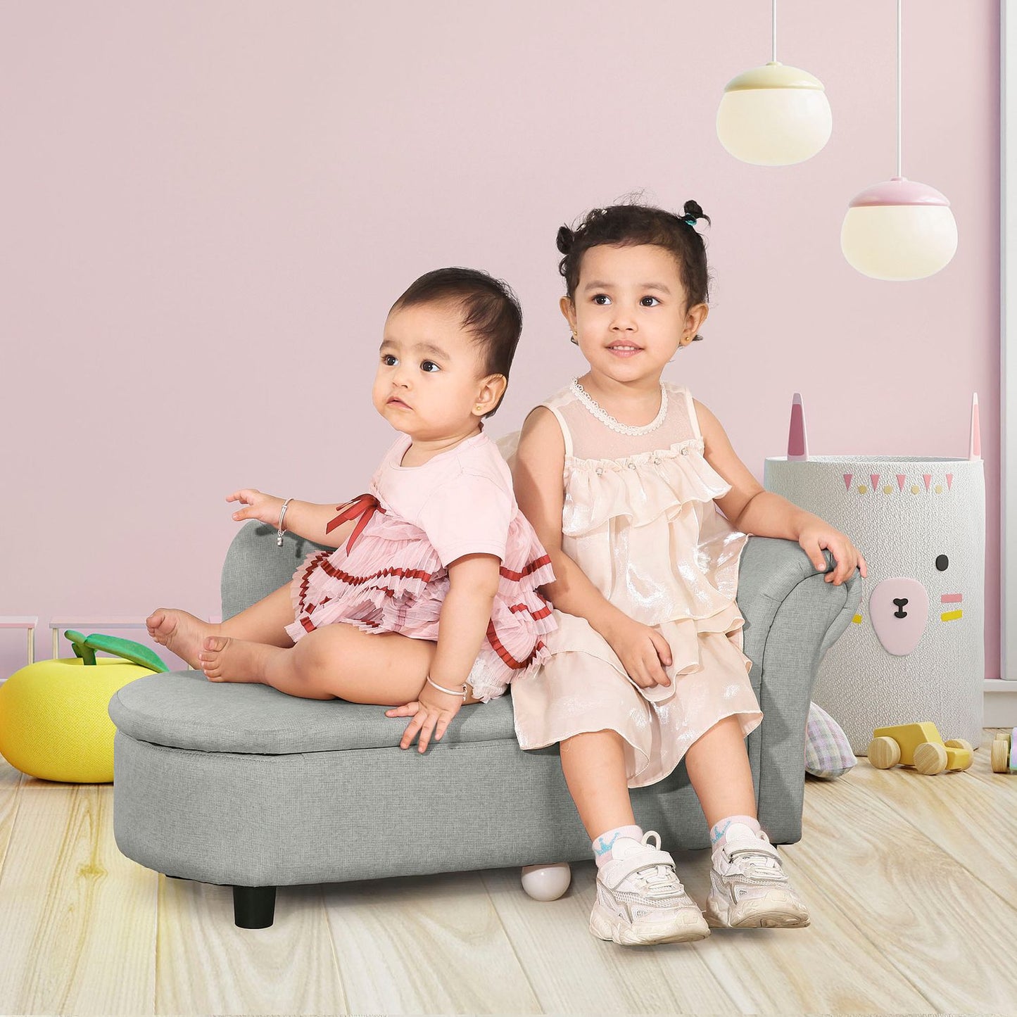 Light gray children's sofa with storage - solid wood, 80x40x49 cm