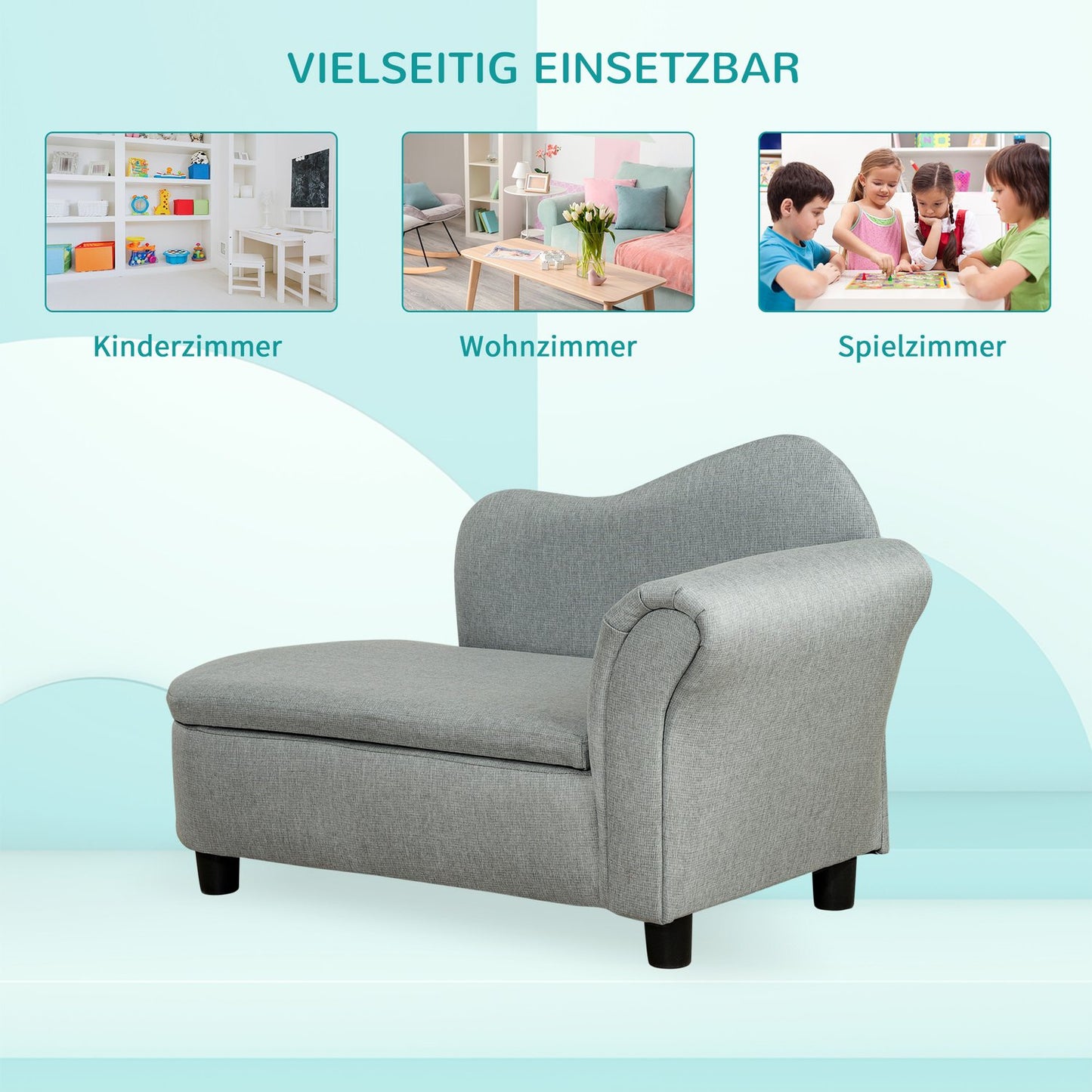 Light gray children's sofa with storage - solid wood, 80x40x49 cm