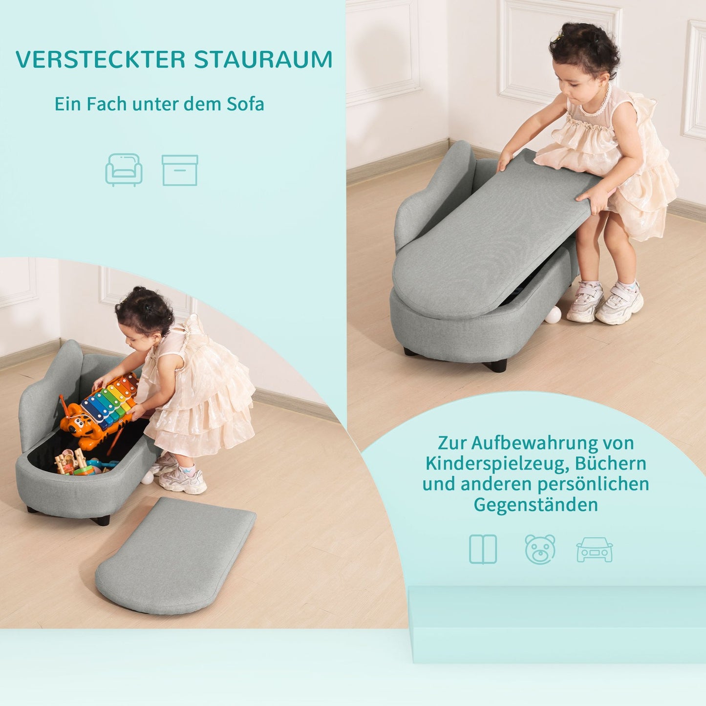 Light gray children's sofa with storage - solid wood, 80x40x49 cm