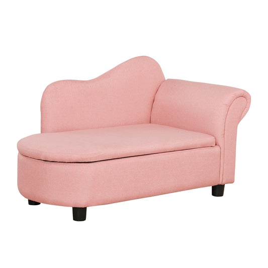 Pink sofa bed for children with storage, linen and wood