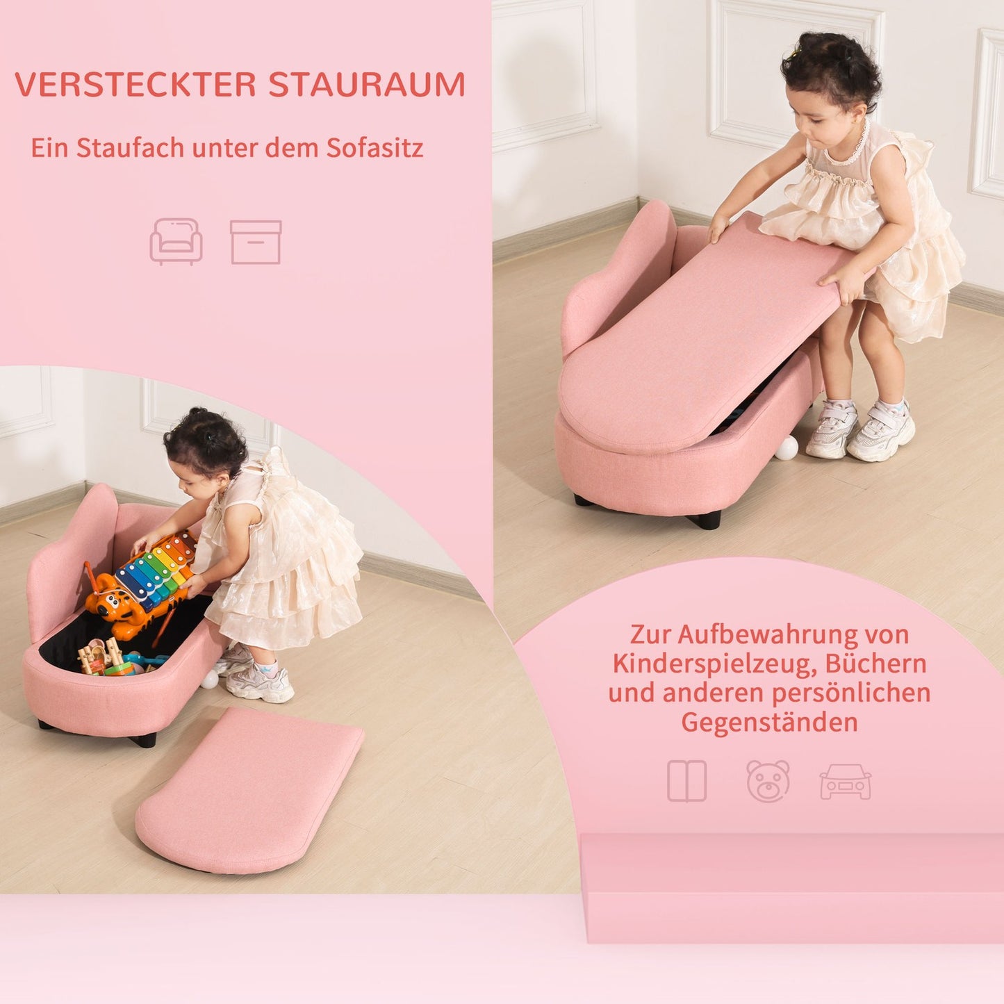 Pink sofa bed for children with storage, linen and wood