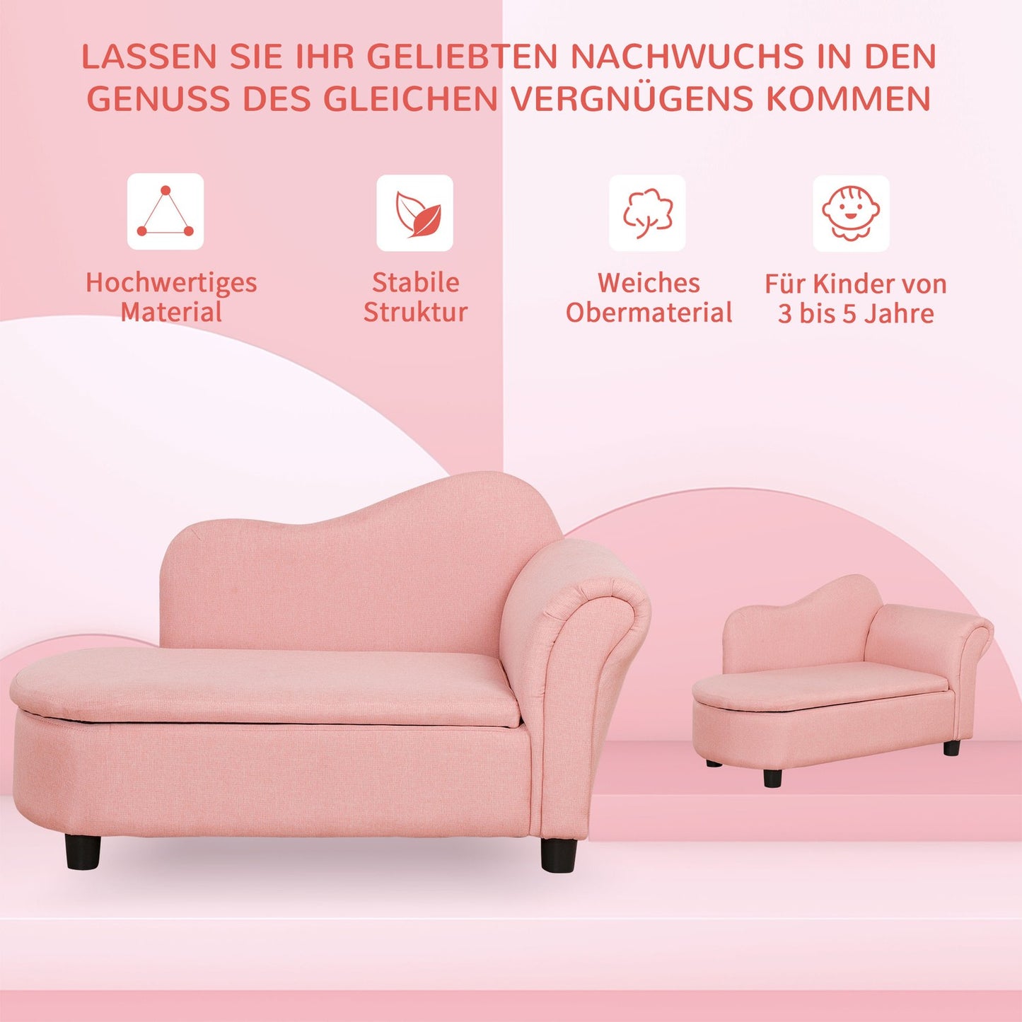 Pink sofa bed for children with storage, linen and wood