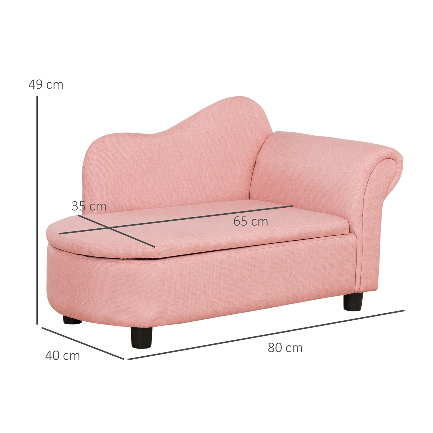 Pink sofa bed for children with storage, linen and wood