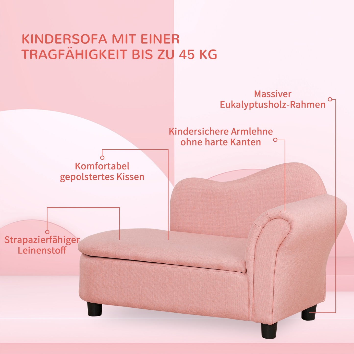 Pink sofa bed for children with storage, linen and wood