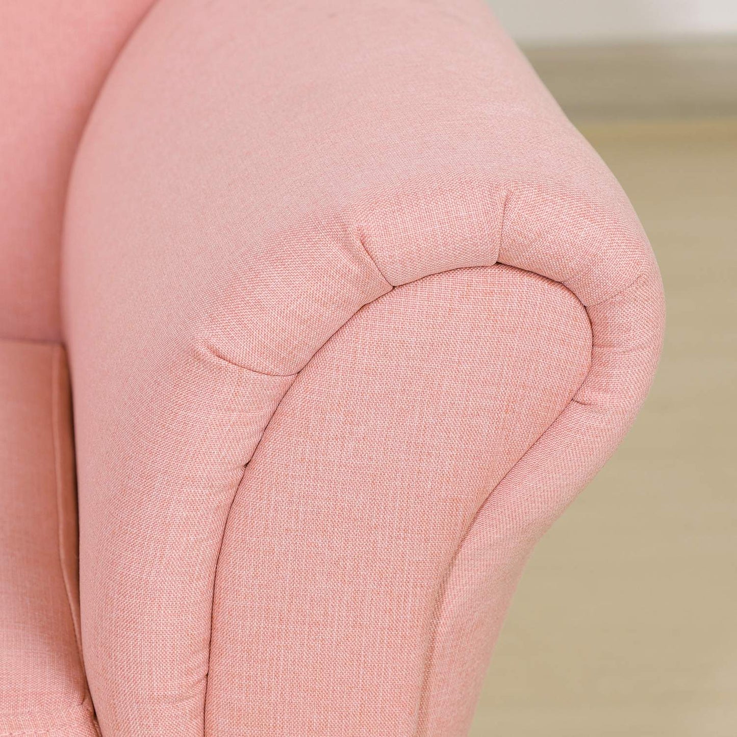 Pink sofa bed for children with storage, linen and wood