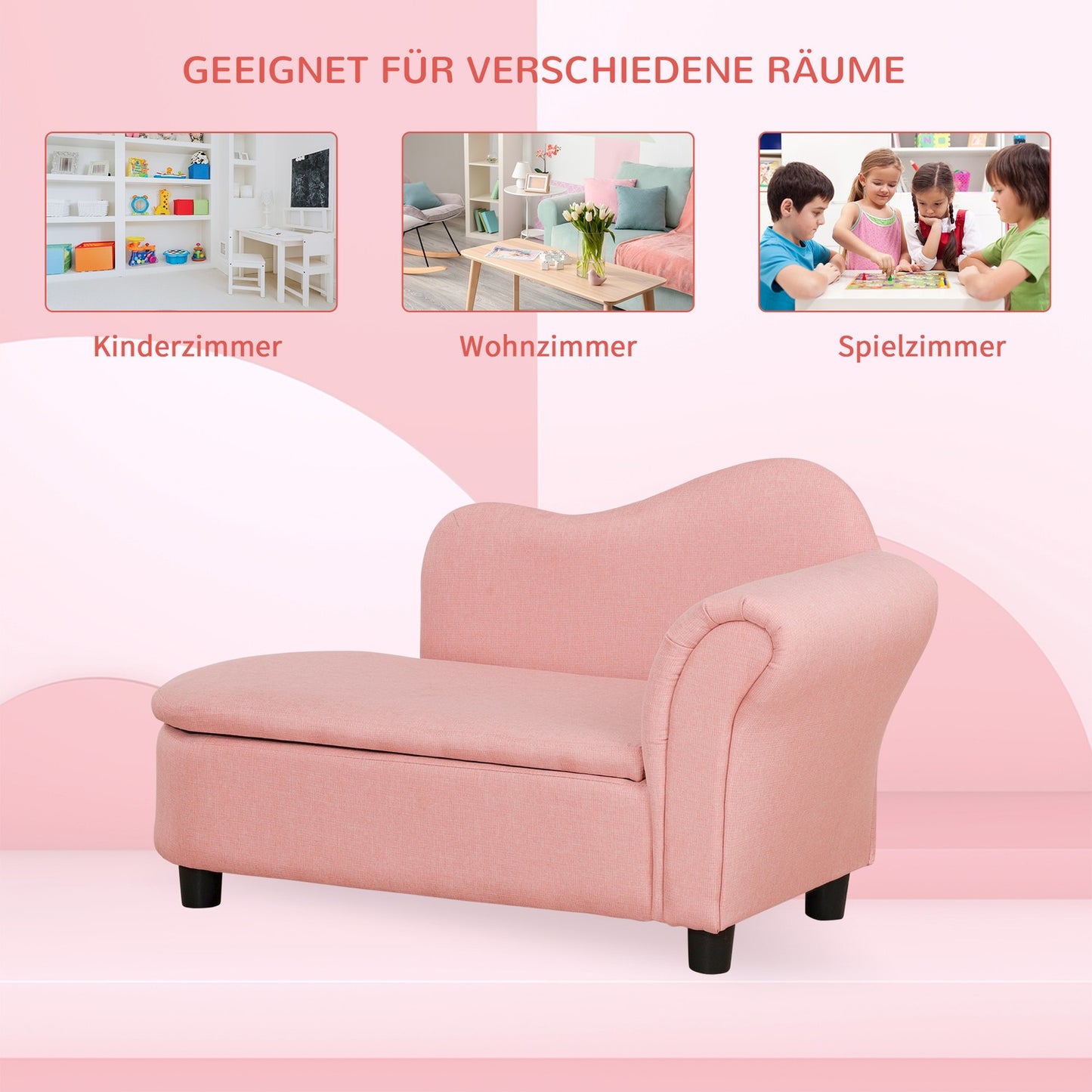 Pink sofa bed for children with storage, linen and wood