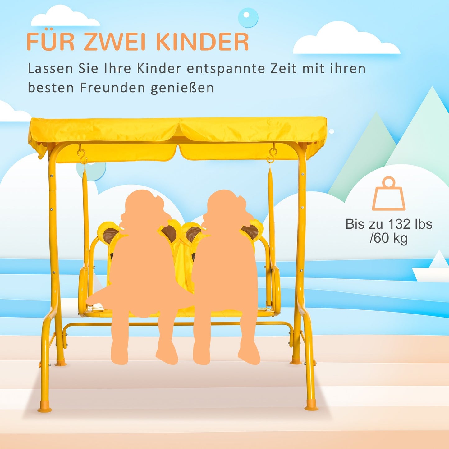 2-seat metal swing for children with sun protection - yellow