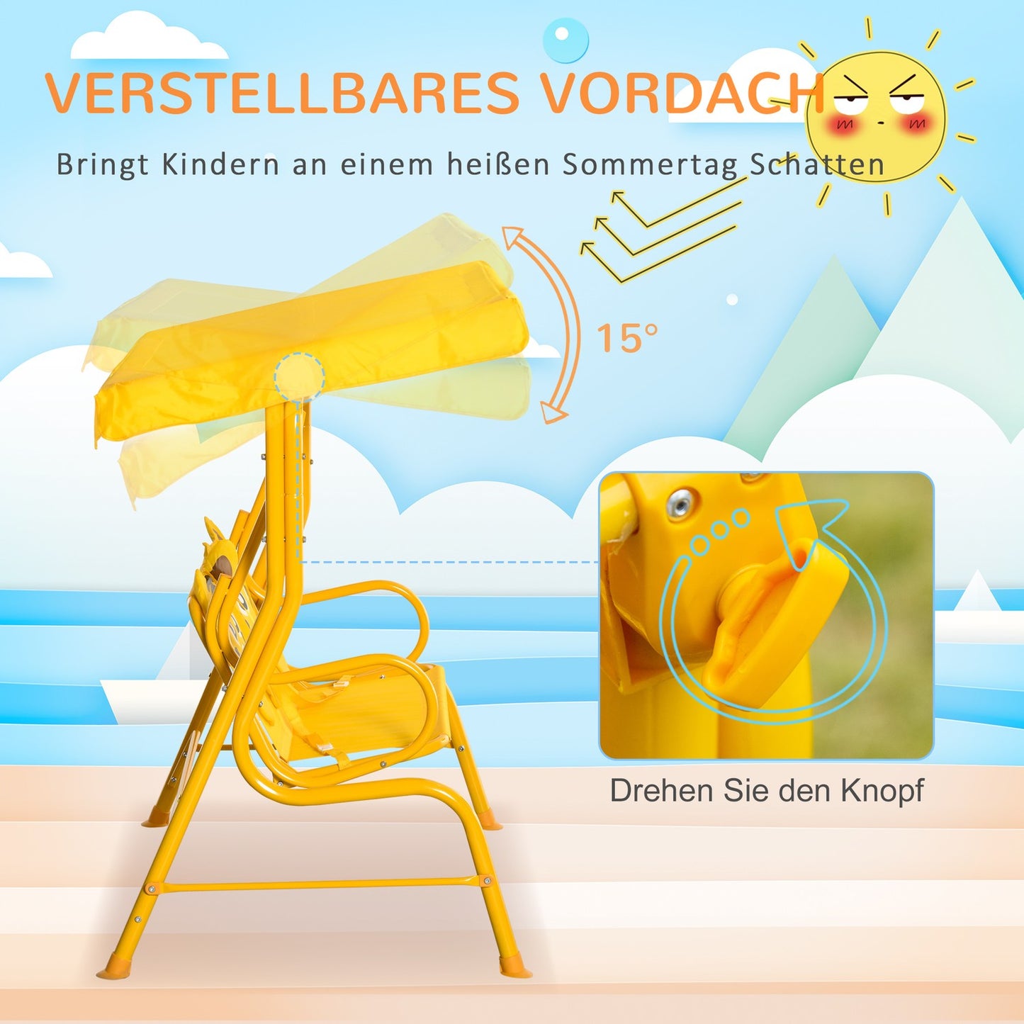 2-seat metal swing for children with sun protection - yellow