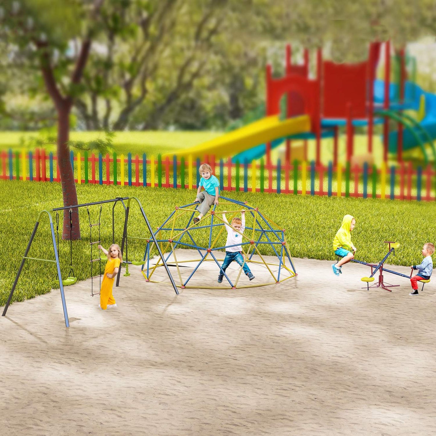 Garden swings for children with climbing ladder and seesaw