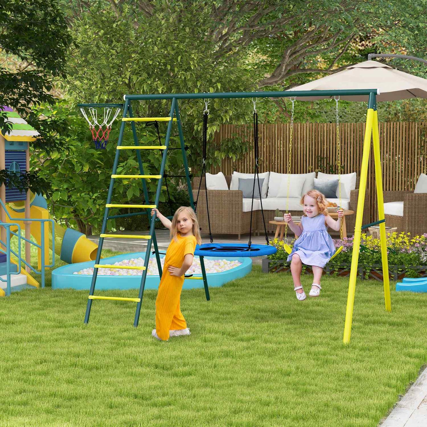 Children's 4-in-1 swing set with bars and ladder, steel