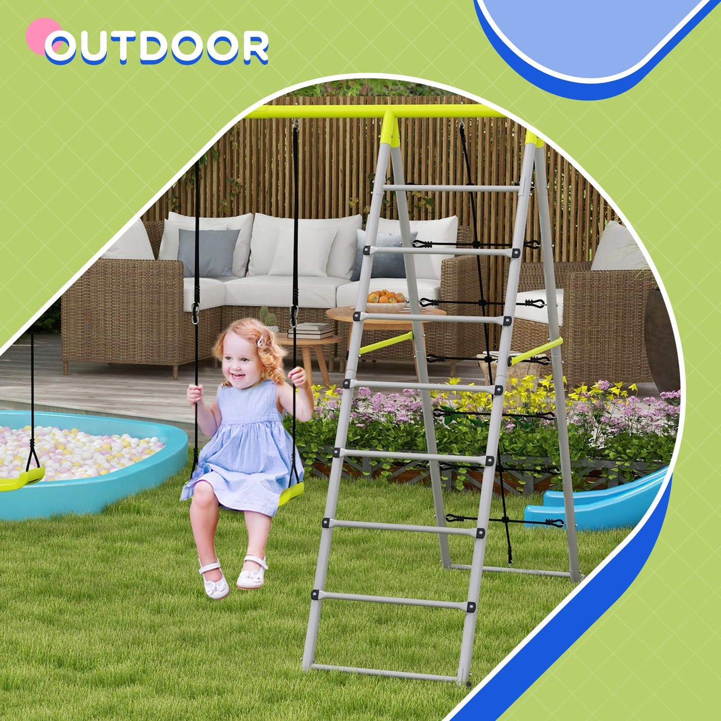 Swing for children with climbing net and ladder - Green