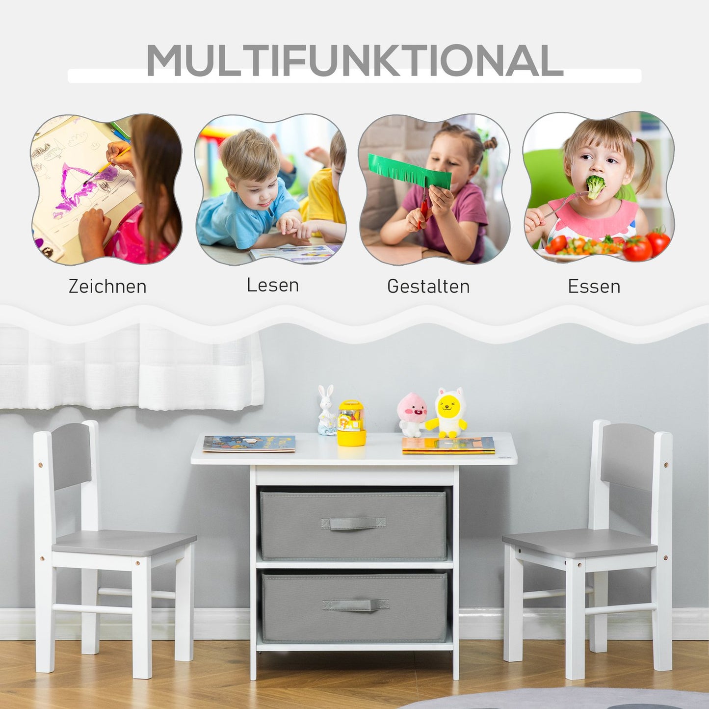 Children's table with storage, White & Grey, Wood