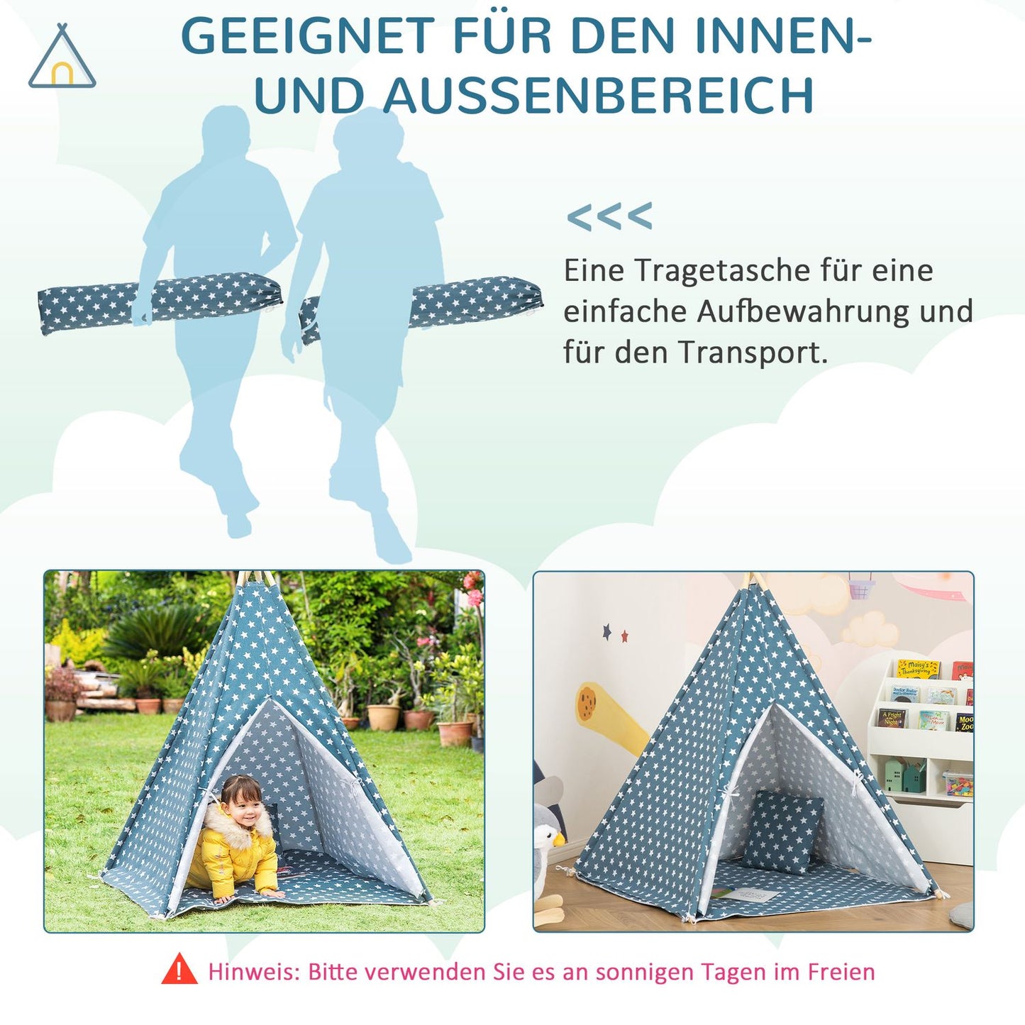 Foldable blue teepee tent for children for indoor/outdoor play