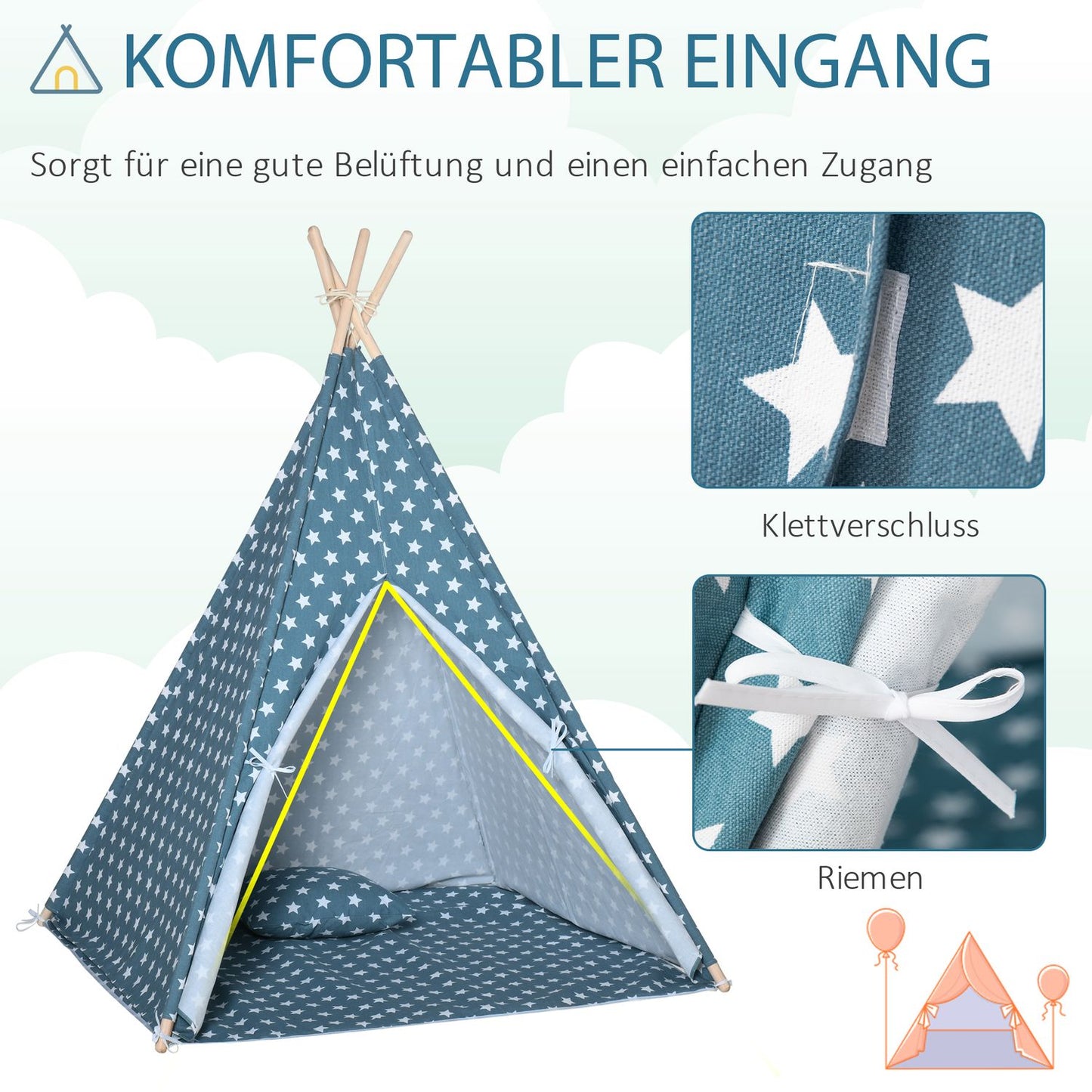 Foldable blue teepee tent for children for indoor/outdoor play