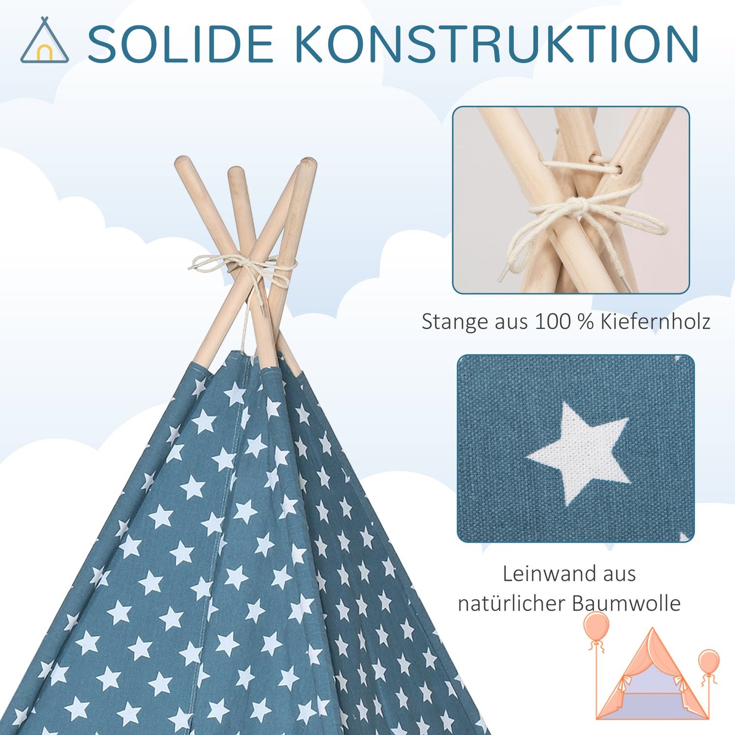 Foldable blue teepee tent for children for indoor/outdoor play