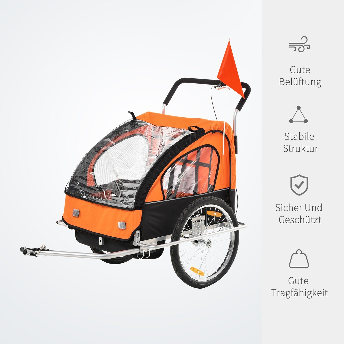 Children's bike carriage for 2 with flag, rain cover, steel