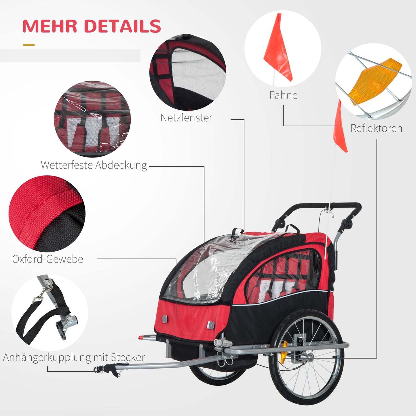 Children's bicycle stroller, foldable with rain cover, red