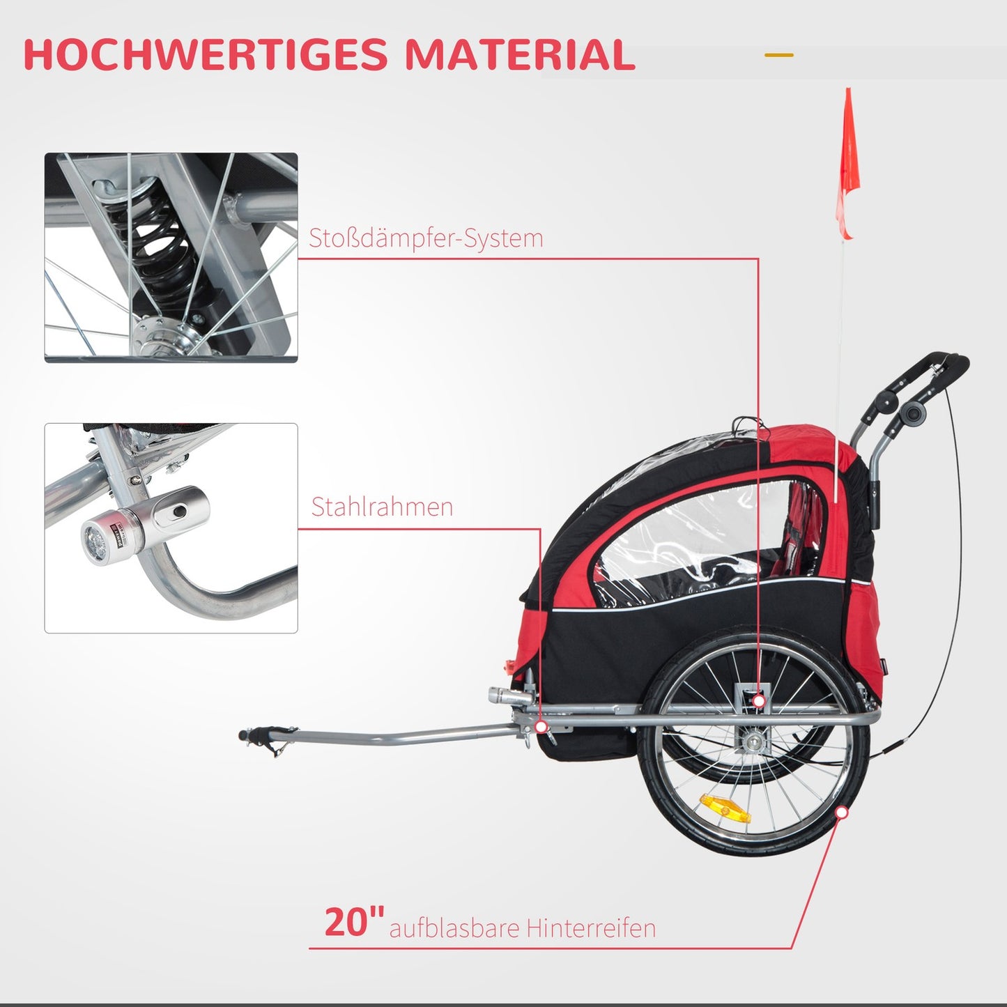 Children's bicycle stroller, foldable with rain cover, red