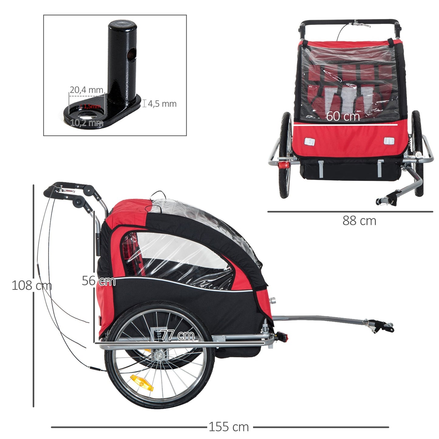 Children's bicycle stroller, foldable with rain cover, red