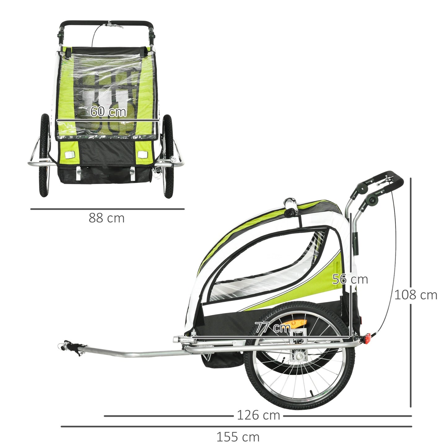Children's bicycle stroller for 2 with rain cover, green/black