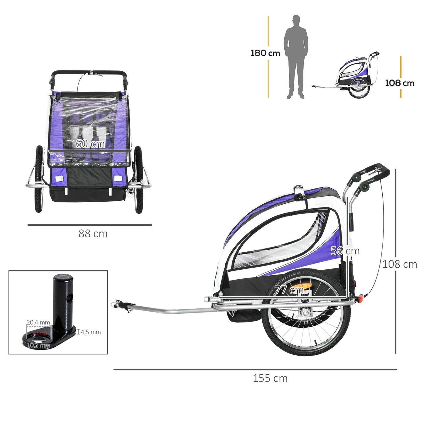 Children's bicycle stroller for 2 with rain cover, purple and black