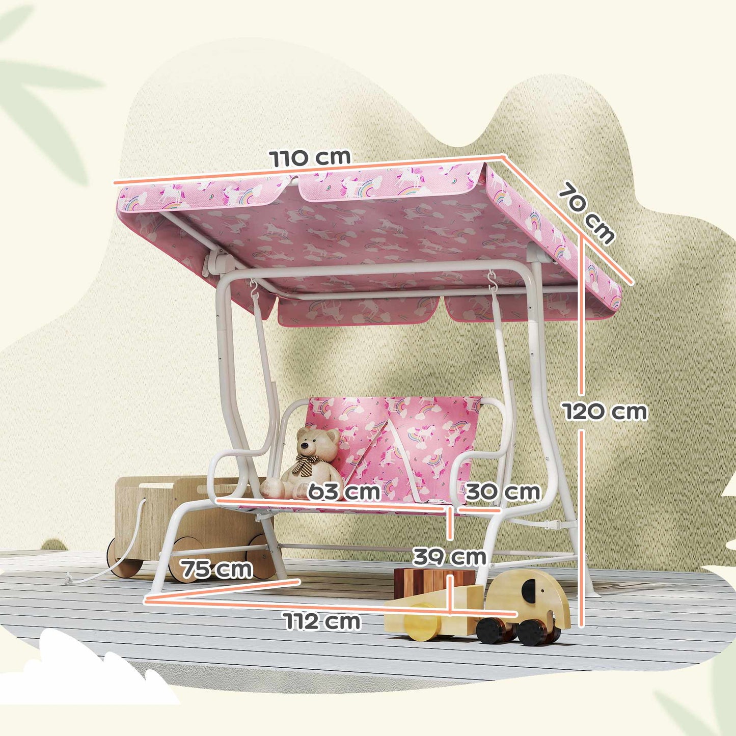 Children's 2-Seater Swing with Adjustable Canopy, Pink