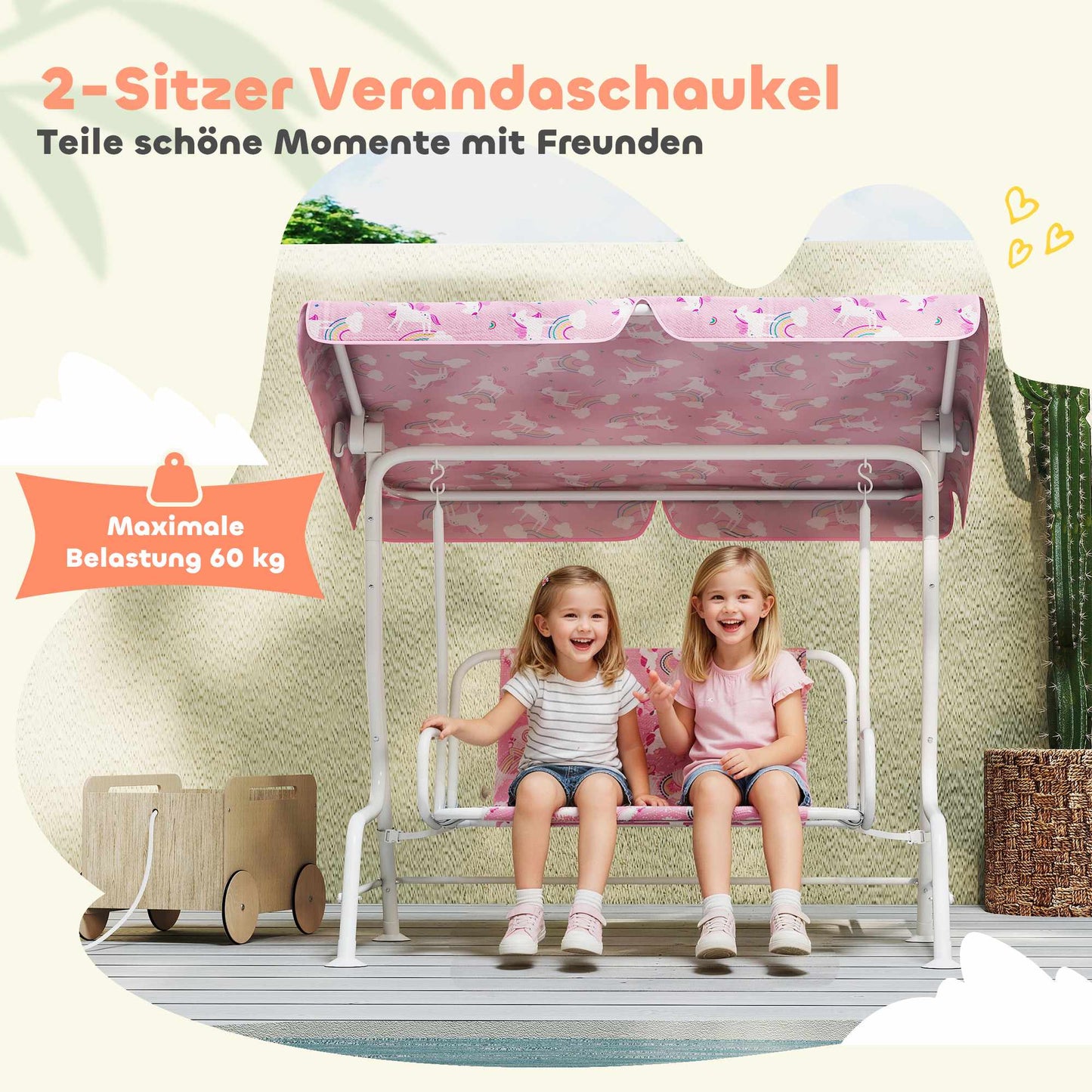 Children's 2-Seater Swing with Adjustable Canopy, Pink