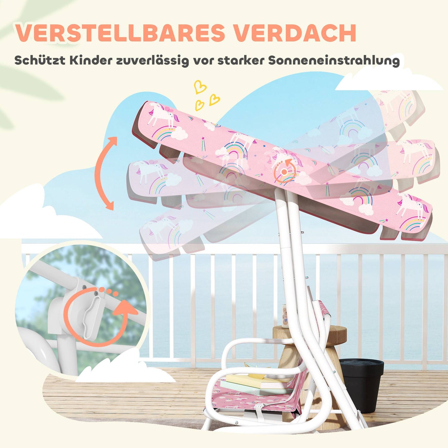 Children's 2-Seater Swing with Adjustable Canopy, Pink