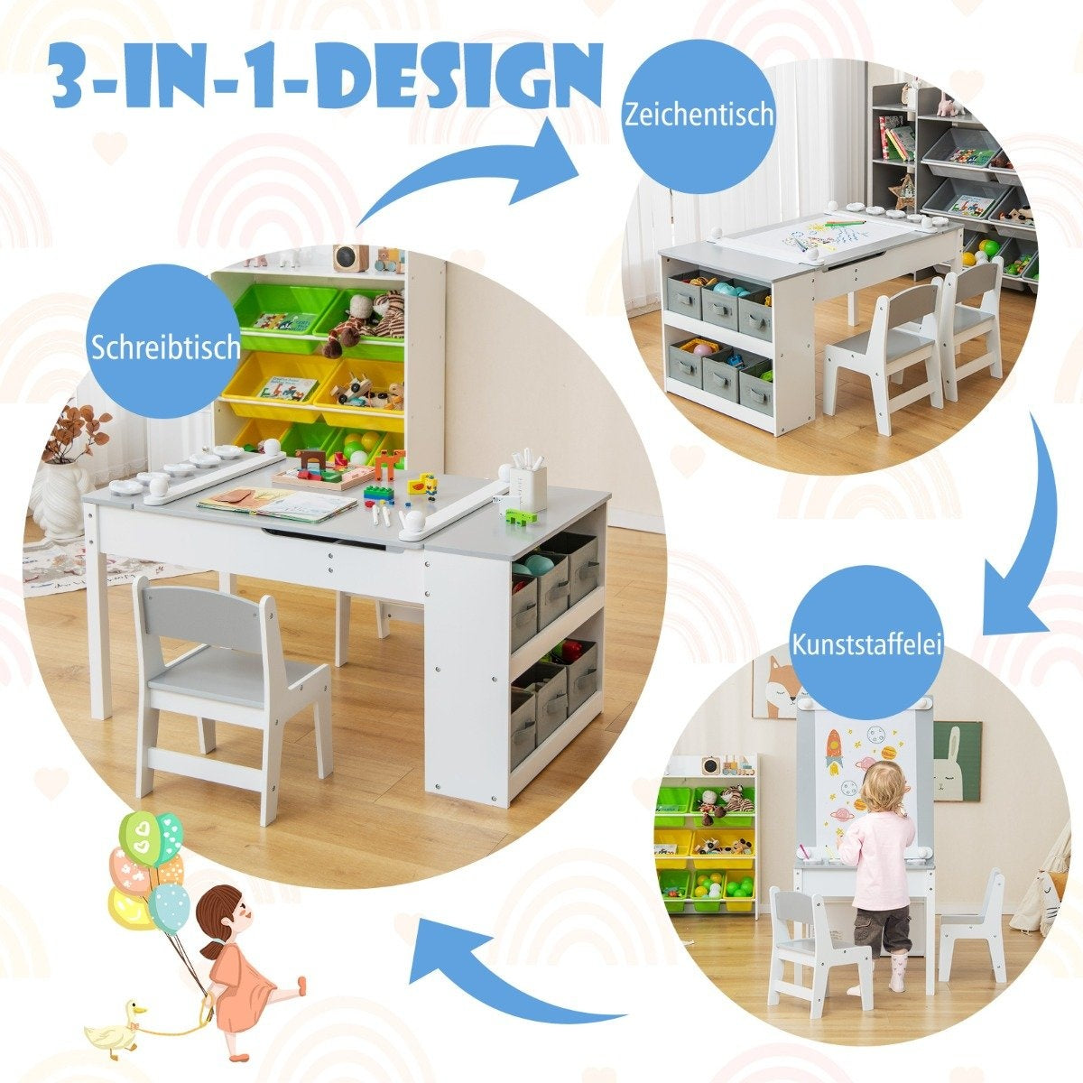 Children's 3-in-1 Activity Table with Easel & Storage