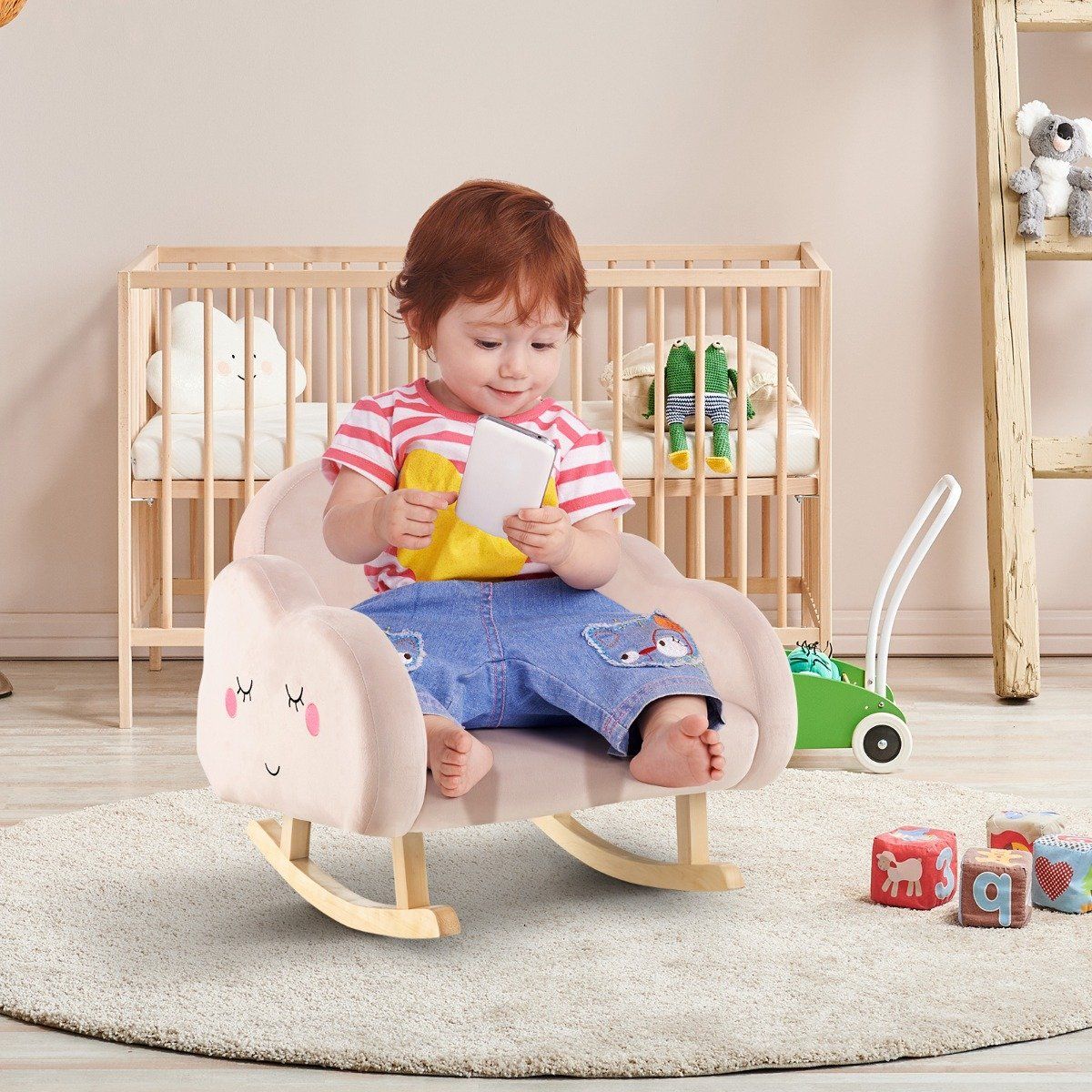 Children's Armchair with Solid Wood Legs Padded Children's Sofa Rocking Chair Pink Clouds