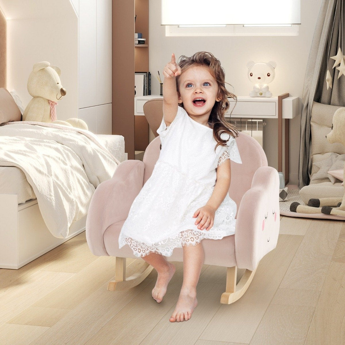 Children's Armchair with Solid Wood Legs Padded Children's Sofa Rocking Chair Pink Clouds