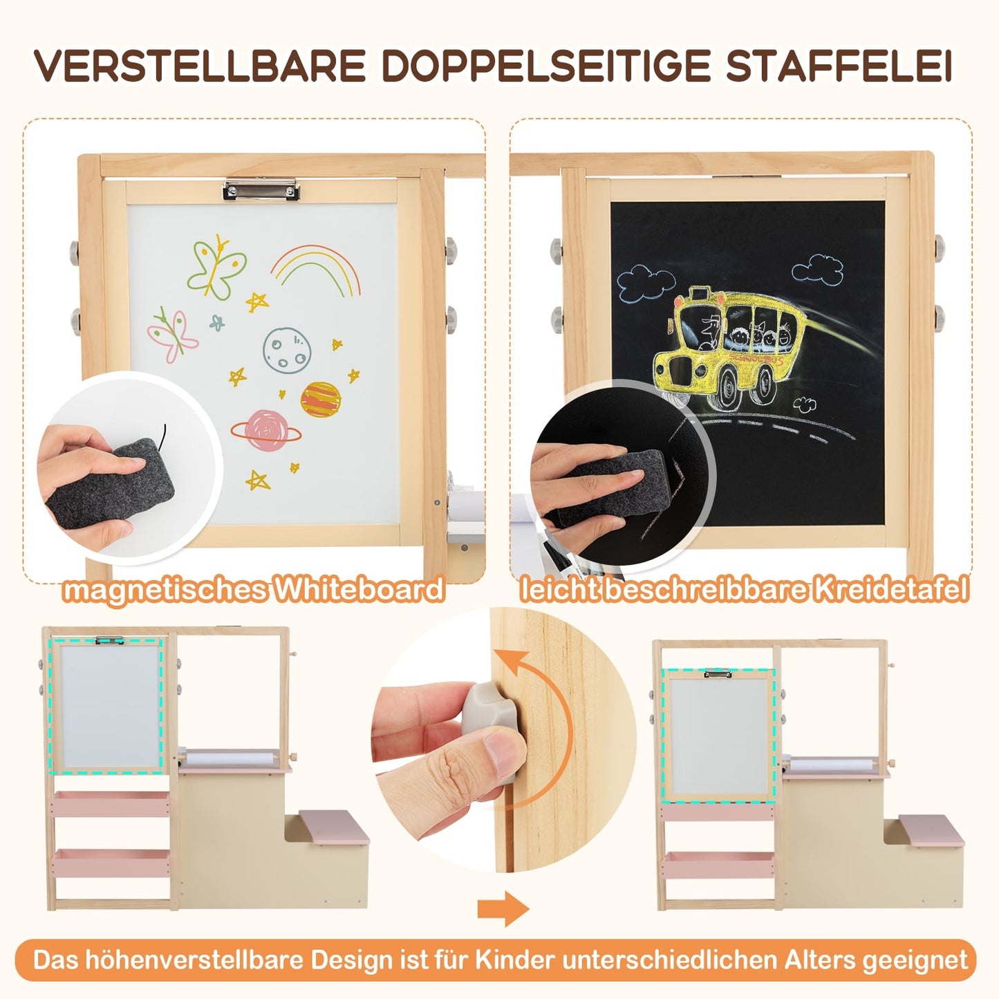 Children's Art Center with Adjustable Easel & Storage