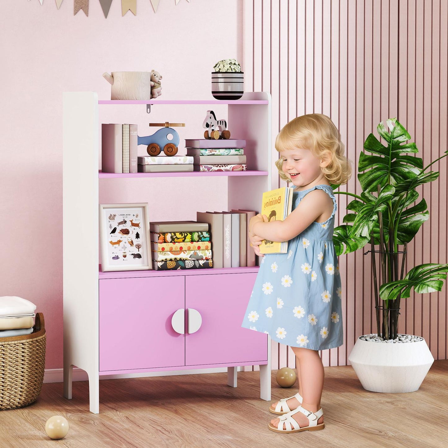 Children's Bookshelf, 2 Shelves, 2 Cabinets, Anti-Tip, MDF