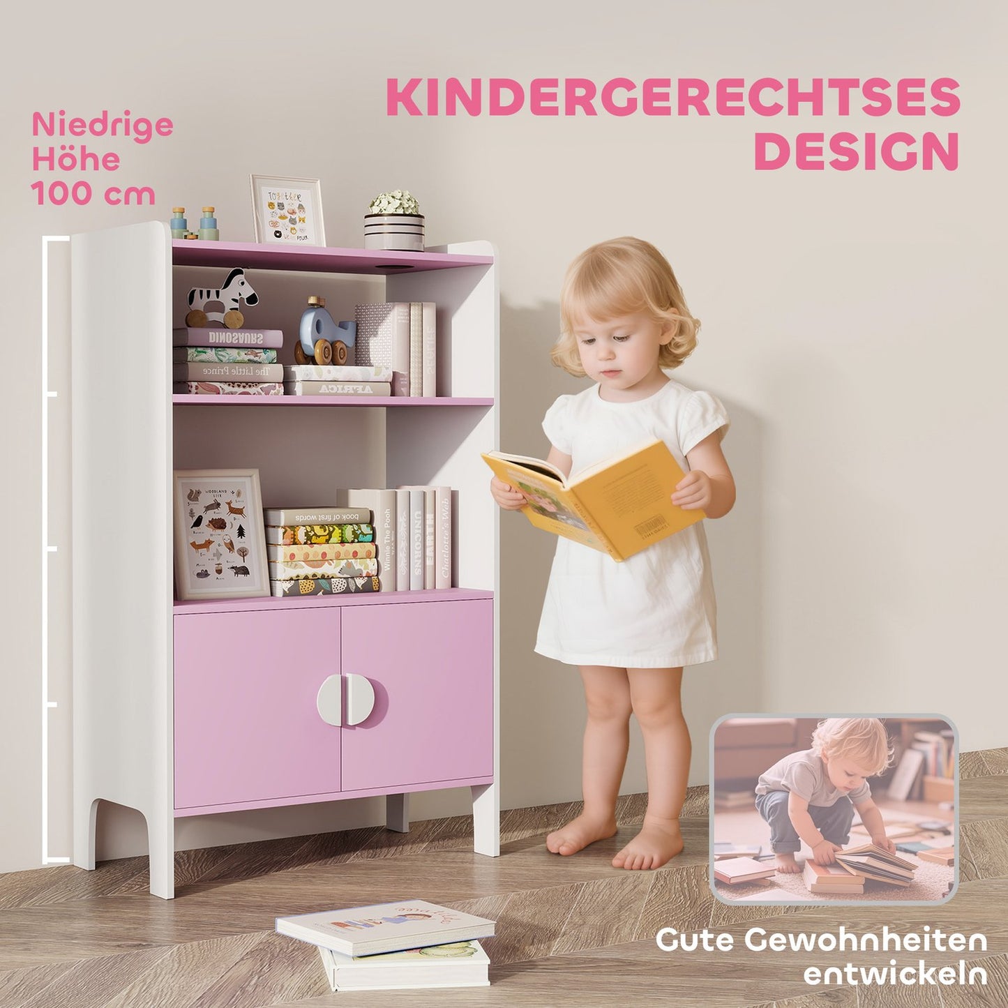 Children's Bookshelf, 2 Shelves, 2 Cabinets, Anti-Tip, MDF