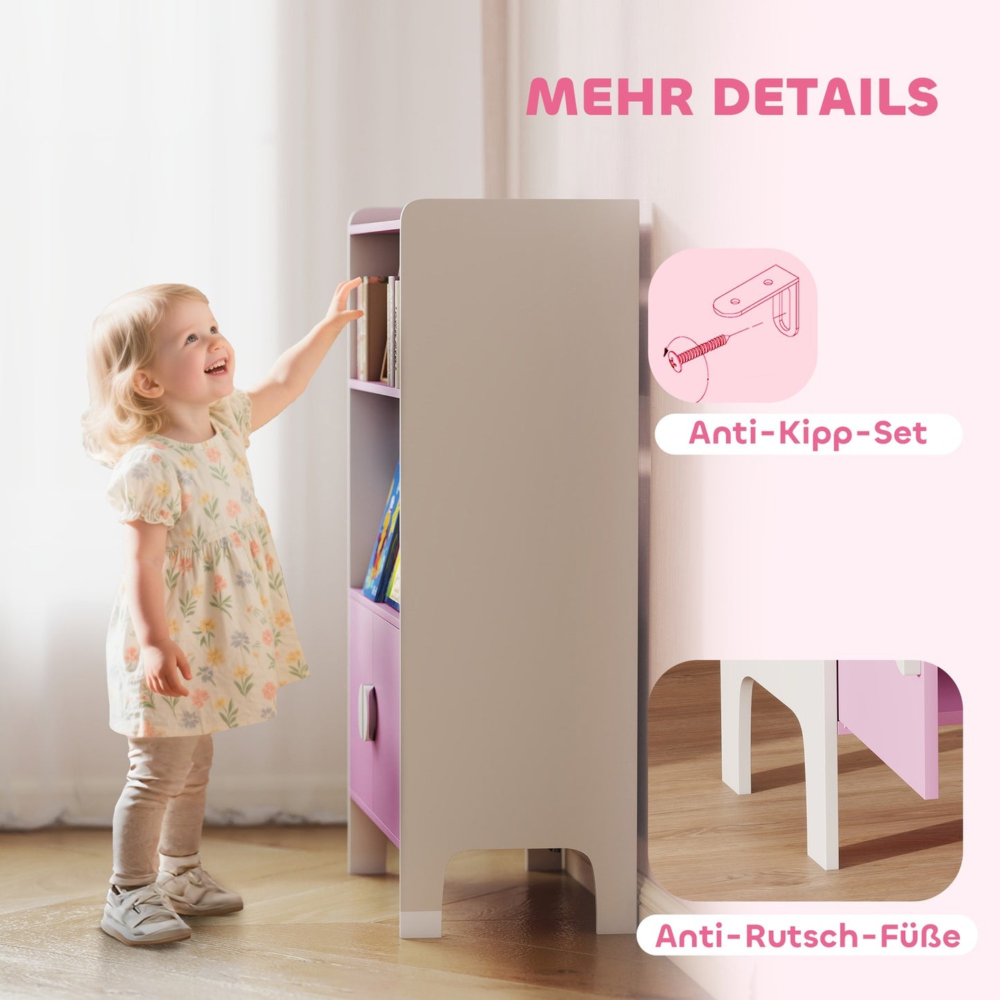 Children's Bookshelf, 2 Shelves, 2 Cabinets, Anti-Tip, MDF