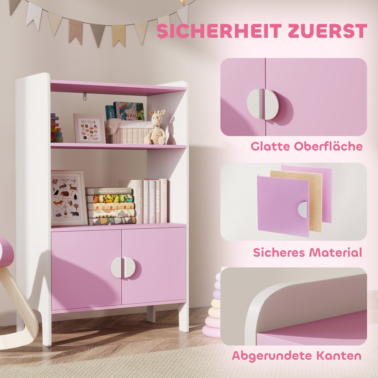 Children's Bookshelf, 2 Shelves, 2 Cabinets, Anti-Tip, MDF