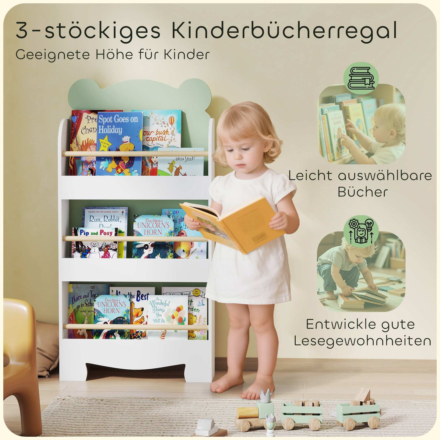 Children's Bookshelf, 3-Tier Bear-Themed, 55x15x110 cm, Green