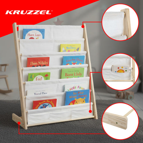 Children's Bookshelf, 6 Shelves, Wood & Fabric, 79x62.5x30 cm