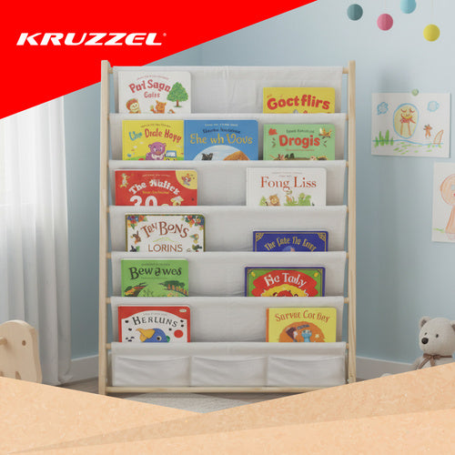 Children's Bookshelf, 6 Shelves, Wood & Fabric, 79x62.5x30 cm