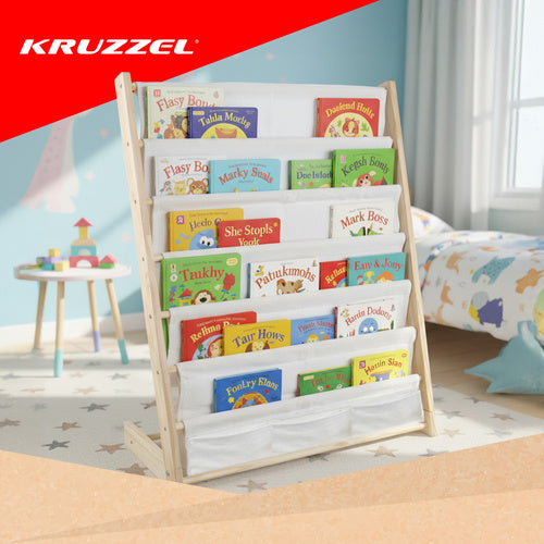 Children's Bookshelf, 6 Shelves, Wood & Fabric, 79x62.5x30 cm