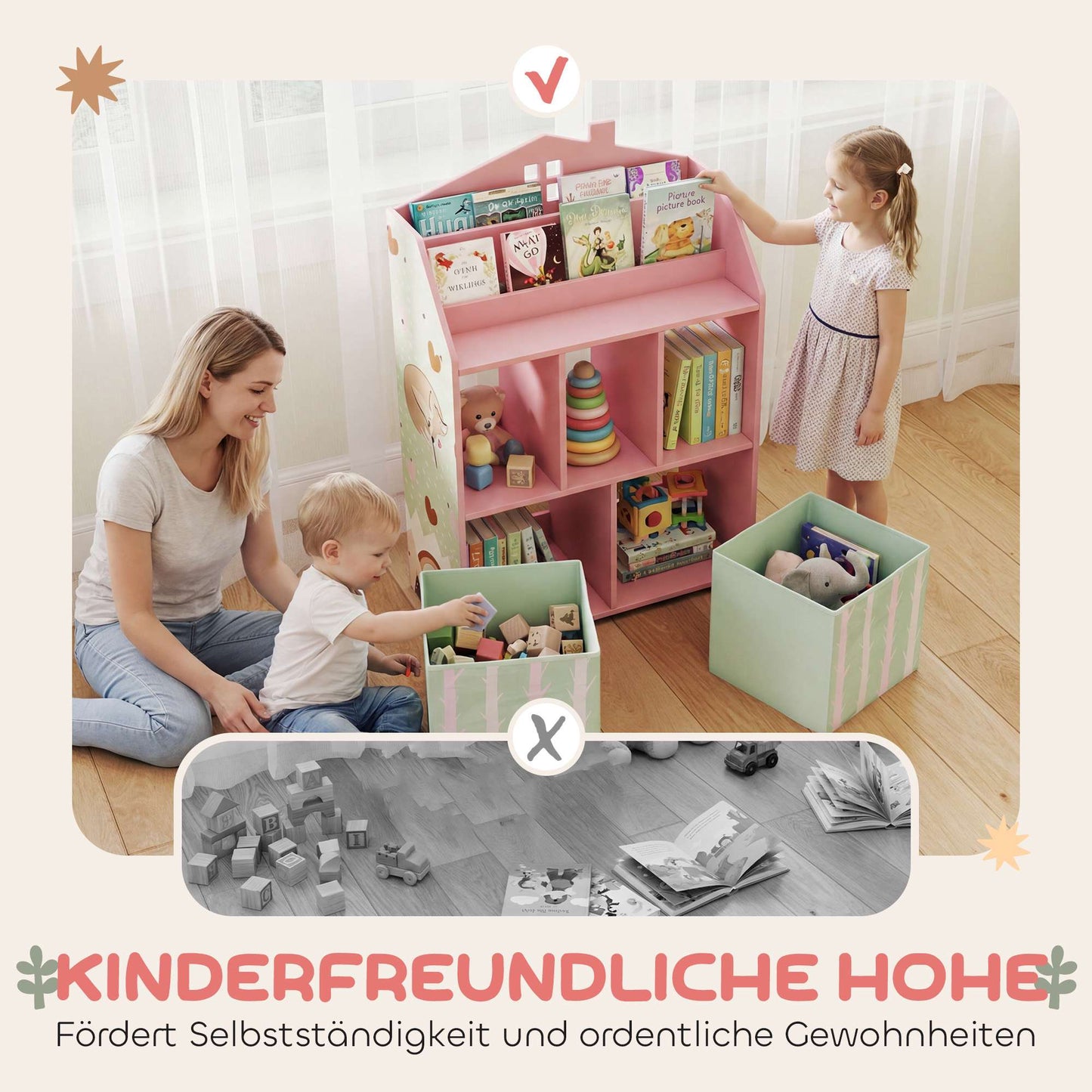Children's Bookshelf with 2 Fabric Drawers, Pink, 91.5 cm