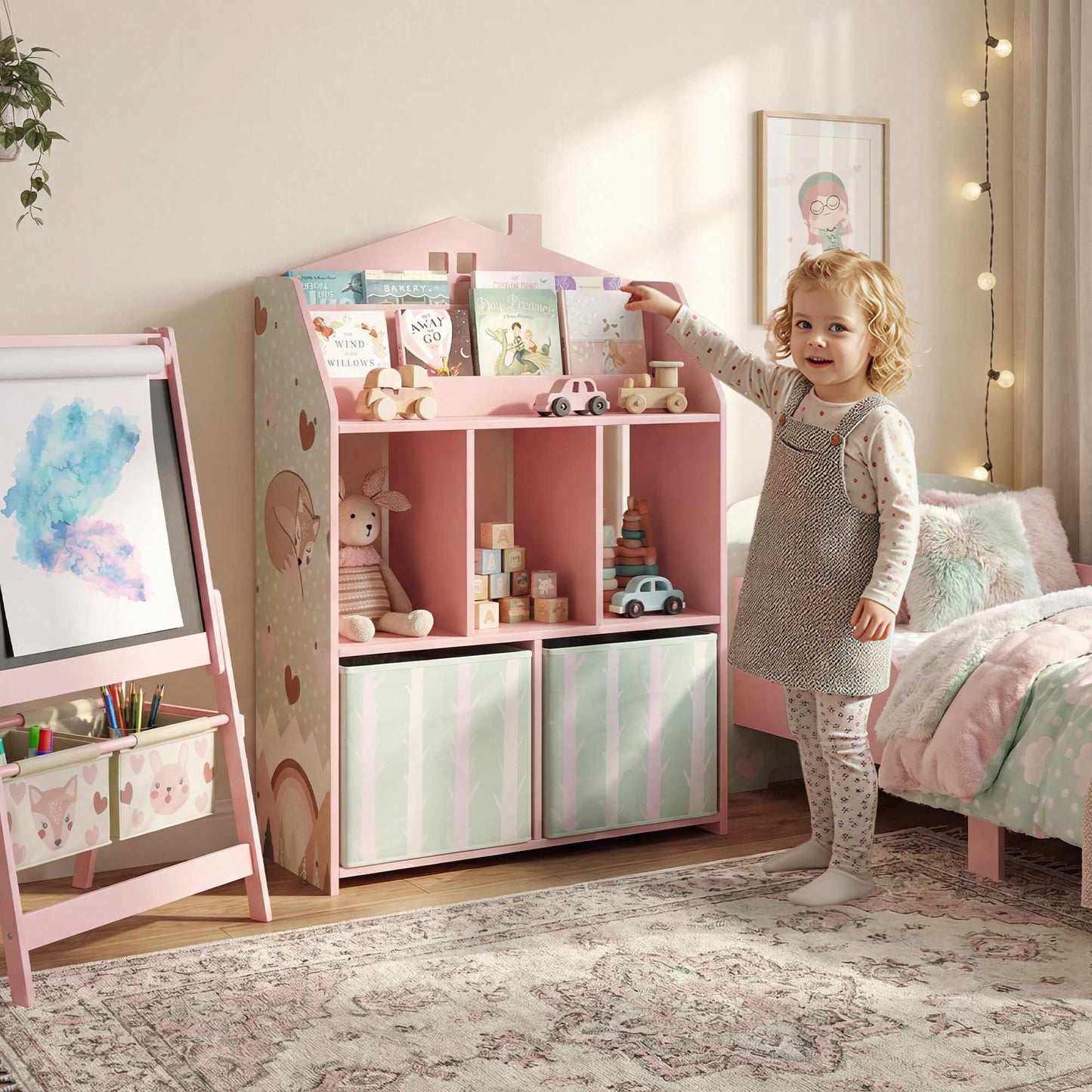 Children's Bookshelf with 2 Fabric Drawers, Pink, 91.5 cm
