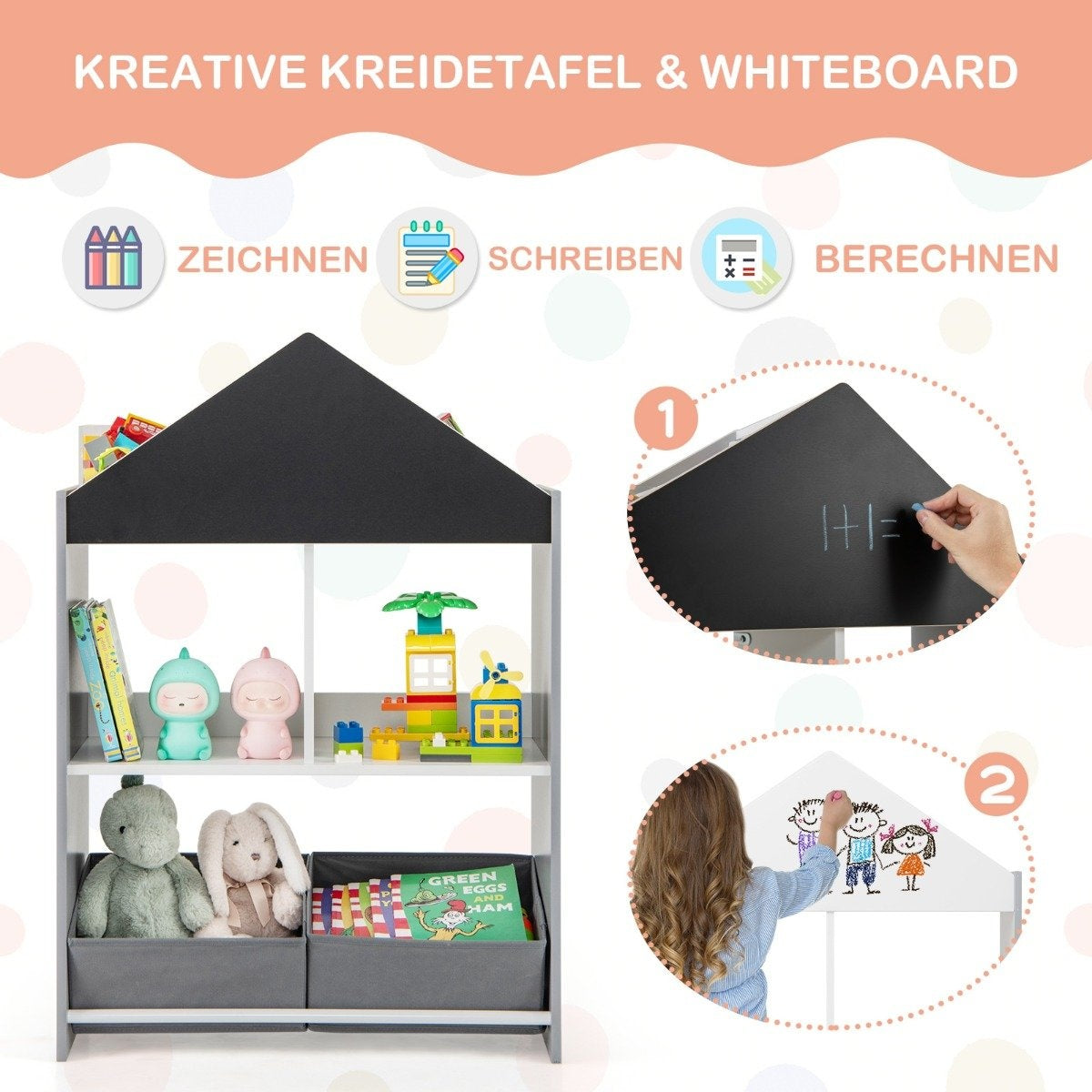 Children's Bookshelf with Blackboard & Storage Boxes
