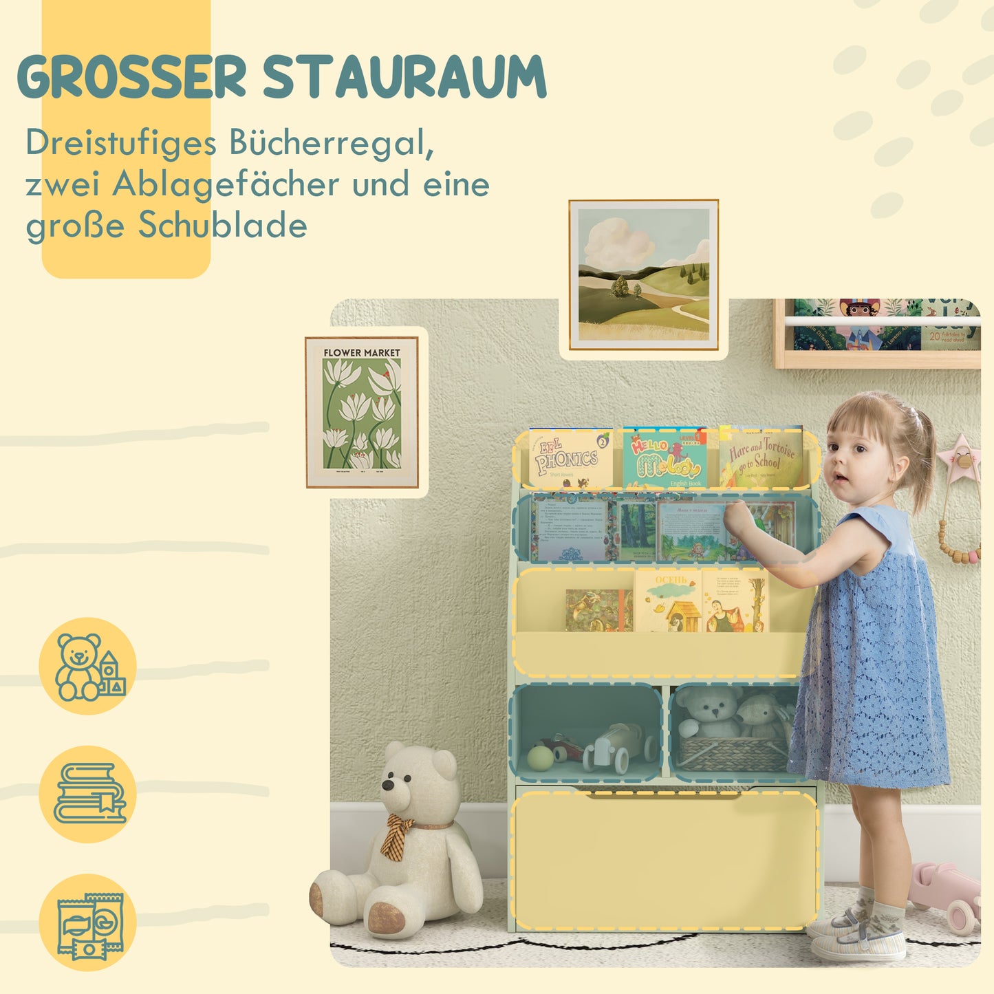 Children's Bookshelf with Drawer, 60 x 30 x 90 cm, Green