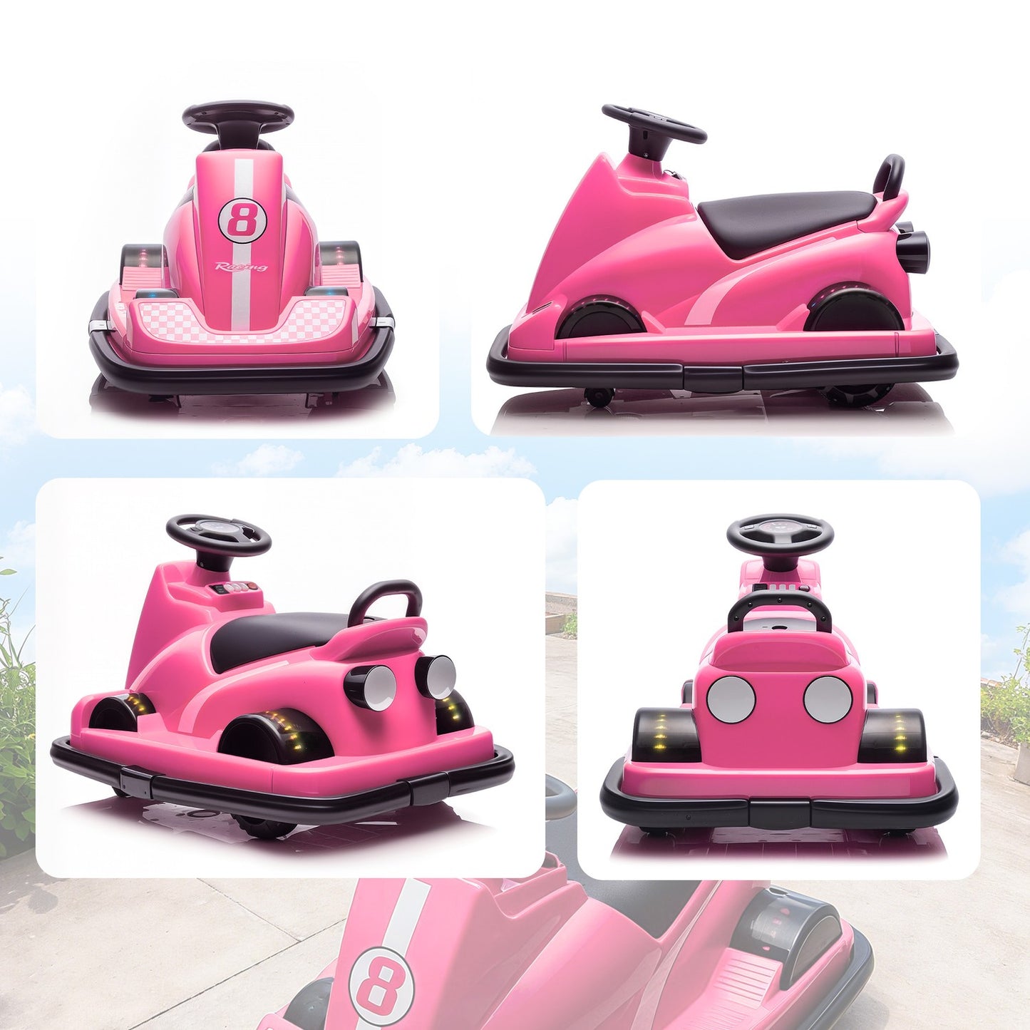 Children's Bumper Car, 360 Spin, LED Lights, Music, Pink