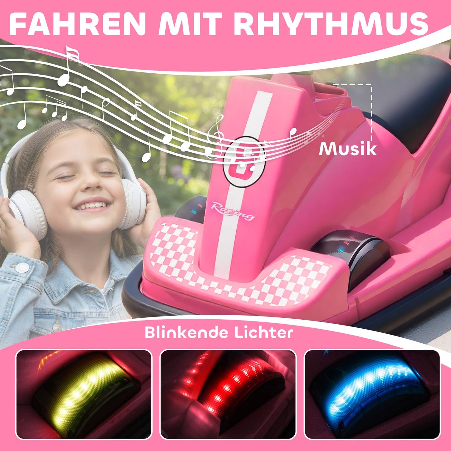 Children's Bumper Car, 360 Spin, LED Lights, Music, Pink