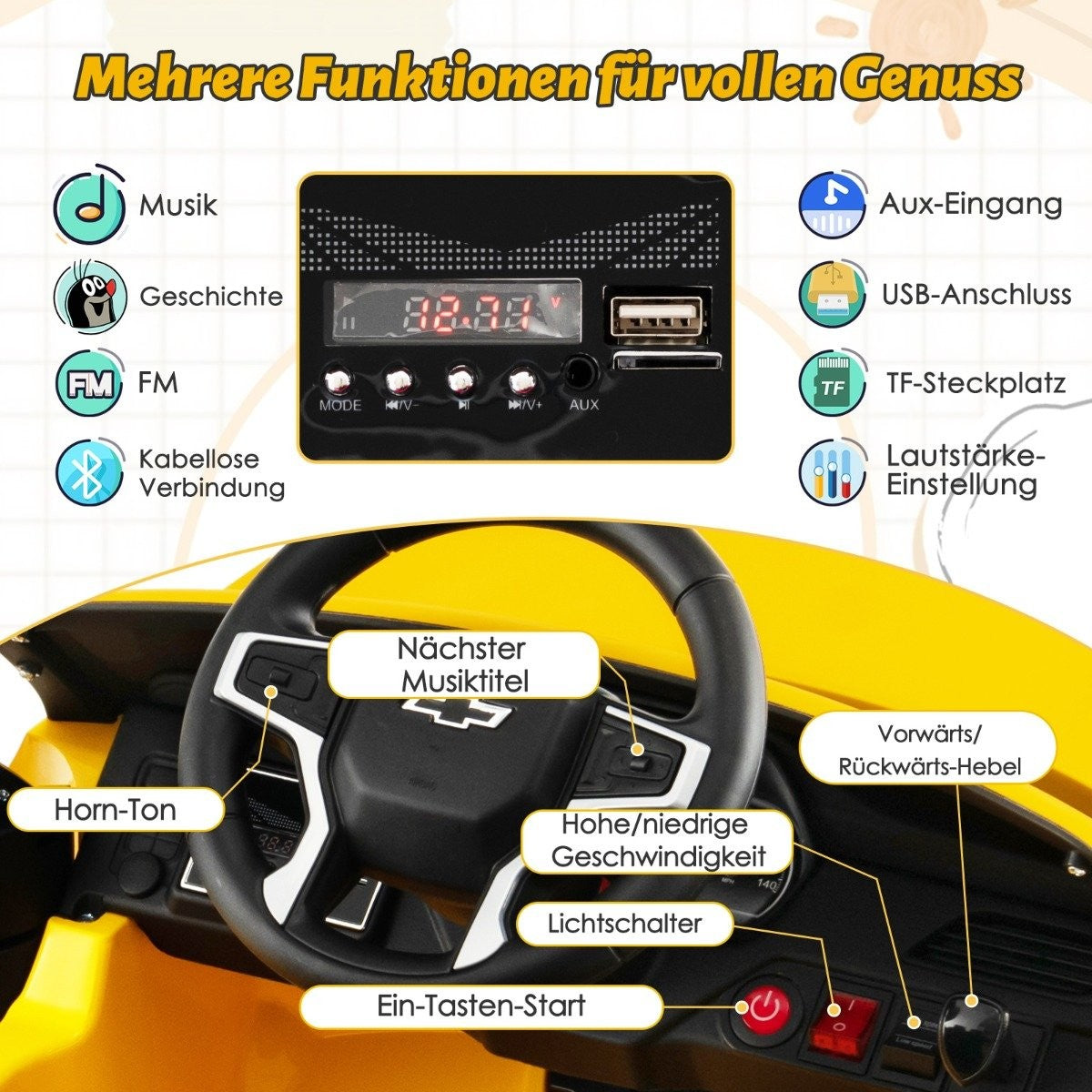 Children's Chevrolet electric car with 2.4G remote control &amp; Suspension &amp; lights &amp; Music children's car yellow